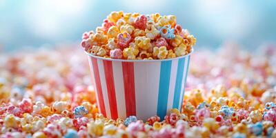 Colorful popcorn in a striped cup surrounded by scattered kernels at a festive gathering photo