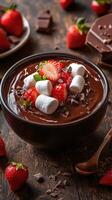 Rich chocolate dessert topped with fresh strawberries and marshmallows served in a bowl with chocolate pieces on a rustic table photo