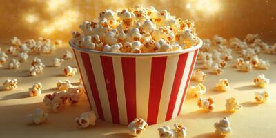 Freshly popped popcorn in a striped bowl with scattered kernels against a golden backdrop photo