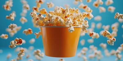 Popcorn bursts into the air from a bright yellow container in a playful display against a blue background photo