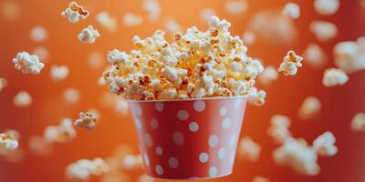 Popcorn overflowing from a polka dot cup against an orange background captures the joy of snacking photo