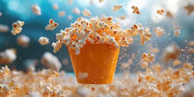 Popcorn bursts from an orange bucket in a playful, dramatic display against a blurred background photo