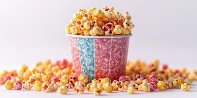 Colorful popcorn in a vintage cup with scattered kernels on a bright background photo