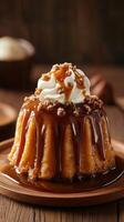 Delicious dessert with caramel sauce and whipped cream served on a wooden plate at a cozy cafe photo