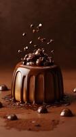 Delicious chocolate dessert garnished with chocolate chips and surrounded by cocoa powder in a warm setting photo