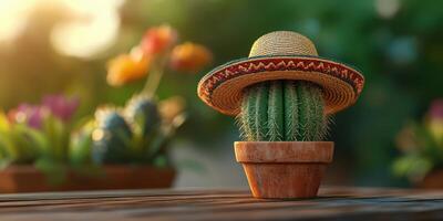 Decorative cactus with sombrero hat placed on a wooden table amidst colorful flowers in a garden during sunset photo