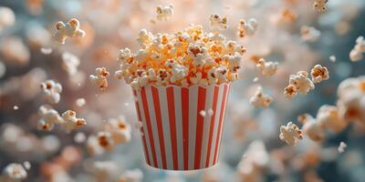 Popcorn bursts from a striped bucket creating a dynamic and fun atmosphere in a lively setting photo