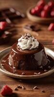 Decadent chocolate cake with whipped cream and chocolate shavings served on a rustic wooden table photo
