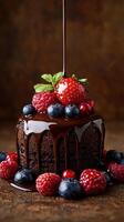 Decadent chocolate cake topped with fresh berries and mint leaves against a rustic backdrop photo