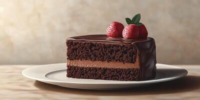 Delicious chocolate cake slice with fresh strawberries served on a plate in a cozy setting photo