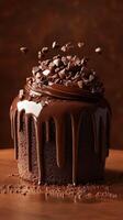 Decadent chocolate cake with chocolate shavings garnished on top ready for celebration photo