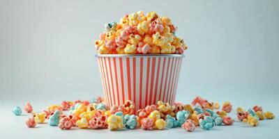 Colorful popcorn in a striped bucket with scattered pieces on a light background photo