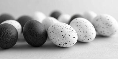 Various speckled black and white eggs arranged on a light surface creating a minimalist aesthetic in a calming environment photo