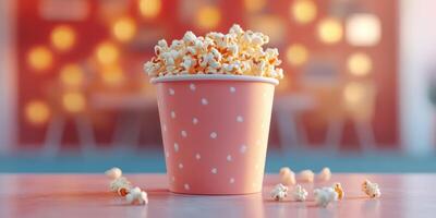 Freshly popped popcorn served in a pink polka dot cup with bits scattered on a table in a cozy environment photo