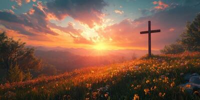 Sunset over a serene landscape featuring a cross on a hill adorned with vibrant flowers photo