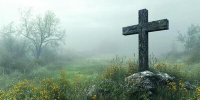 Foggy graveyard with a weathered cross and wildflowers in a serene landscape at dawn photo