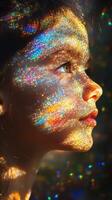 Child gazes into the distance with colorful light patterns dancing across her face photo