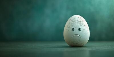 Sad egg character sits alone on a textured surface with a blue-green background in a whimsical setting photo