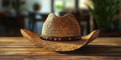 Straw cowboy hat resting on a wooden table in a rustic indoor setting with soft natural light photo