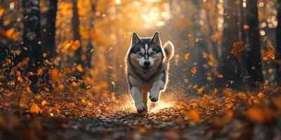Siberian husky running through an autumn forest, surrounded by falling leaves and warm sunlight photo