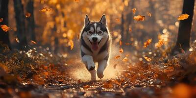 Siberian husky joyfully runs through a colorful autumn forest with falling leaves photo