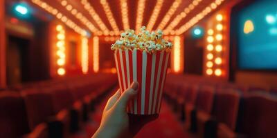 Enjoying fresh popcorn while waiting for the movie to start in an empty cinema with bright lights and comfortable seats photo