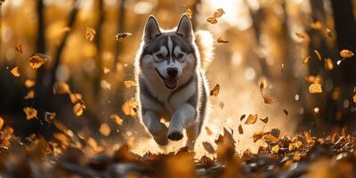 Siberian husky running joyfully through a forest filled with autumn leaves in the late afternoon sunlight photo