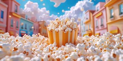 Popcorn fills a vibrant street as clouds float above in a whimsical town setting during a sunny day photo