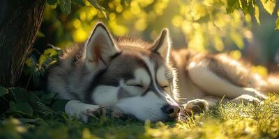 Siberian husky peacefully resting under a tree in a sunlit garden during the afternoon photo
