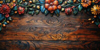 Decorative floral wood carving with vibrant colors displayed against a rustic wooden background photo