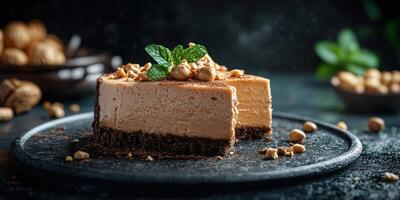 Delicious cheesecake dessert topped with nuts and mint leaves served on a dark stone plate, perfect for a sweet indulgence photo