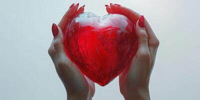 Hands hold a translucent red heart shaped ice sculpture, capturing the essence of love and emotion photo