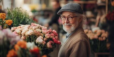 Elderly man smiles while holding a bouquet of flowers in a vibrant market filled with fresh blooms photo