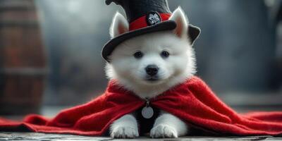 Cute puppy dressed as a vampire in a dark environment with a hat and cape photo