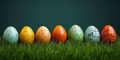 Colorful decorative eggs arranged on green grass for spring celebrations in a cheerful setting photo