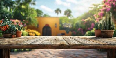 Vibrant garden with colorful flowers and cacti in pots on rustic wooden table in sunny outdoor setting photo