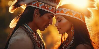 Couple wearing traditional Native American attire during sunset ceremony in nature setting photo