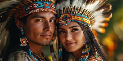 Young couple dressed in traditional Native American attire with vibrant feathered headdresses outdoors during daylight photo