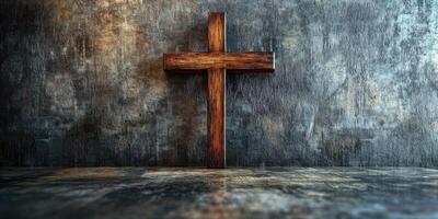 Wooden cross placed against a textured wall with dramatic lighting in a serene indoor setting photo