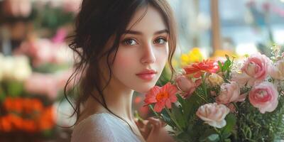 Woman holding a bouquet of flowers in a vibrant flower shop during daylight hours photo