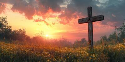 Wooden cross stands in a vibrant meadow at sunset surrounded by colorful wildflowers photo