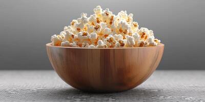 Deliciously fluffy popcorn served in a wooden bowl on a textured surface ready for movie night at home photo