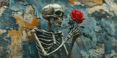 Skeleton holds a red rose against a weathered wall, reflecting themes of love and mortality photo