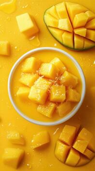 Fresh mango chunks served in a bowl with a vibrant yellow backdrop showcasing sliced mango and juice droplets photo