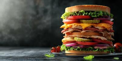 Delicious towering sandwich stacked with fresh ingredients and tasty meats on a dark background photo