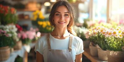 Flower shop employee smiles brightly while surrounded by vibrant blooms during a sunny day photo