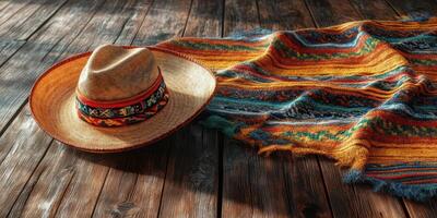 Colorful woven blanket and straw hat displayed on rustic wooden surface for cultural appreciation photo
