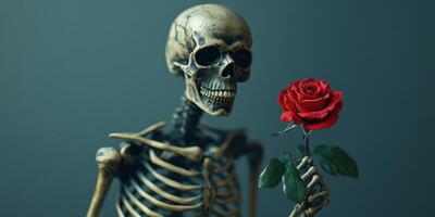 Skeleton holding a red rose in a serene setting evokes themes of love and mortality photo