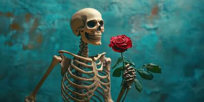 Skeleton holding a red rose against a textured teal background in a creative and artistic setting photo