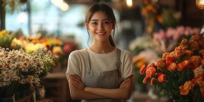 Smiling woman standing among colorful flowers in a vibrant floral shop during daylight photo